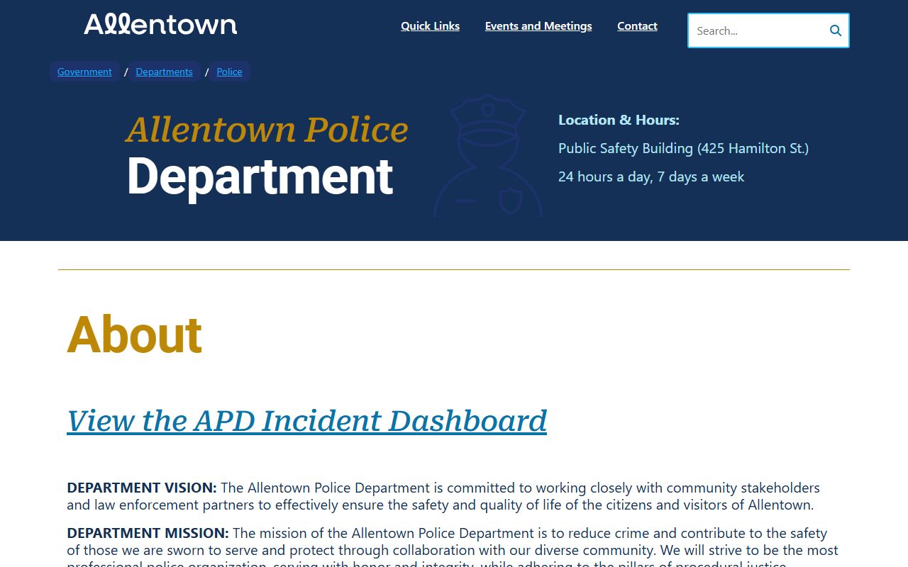 Allentown Police Department homepage for police blotter records and public safety