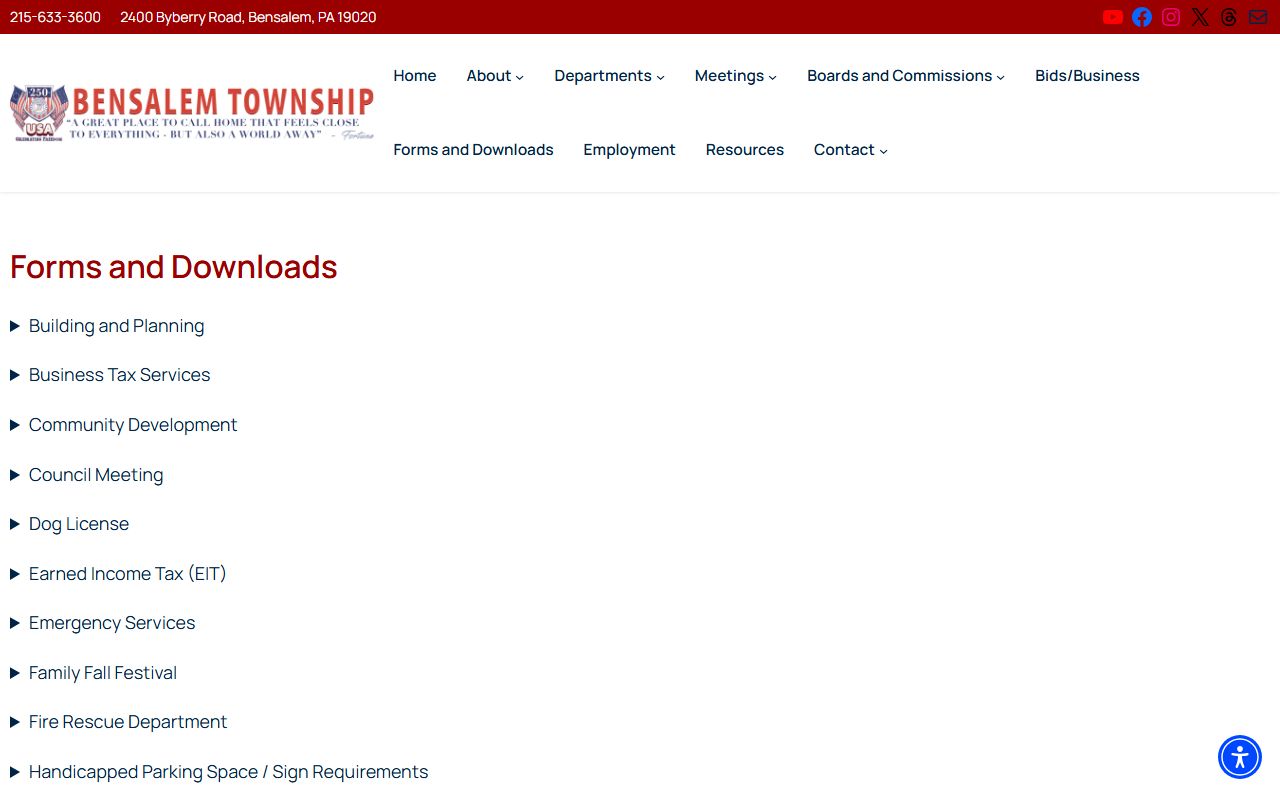 Bensalem Township forms and downloads page with Right-to-Know request forms