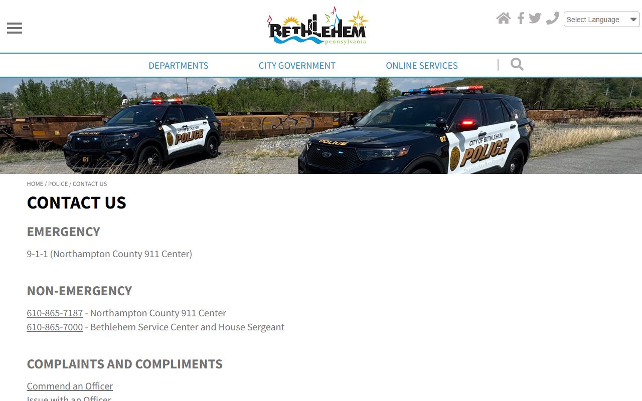 Bethlehem Police Department contact page with Records Bureau information