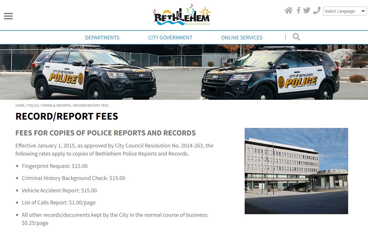 Bethlehem Police Department record fees page for police blotter copies