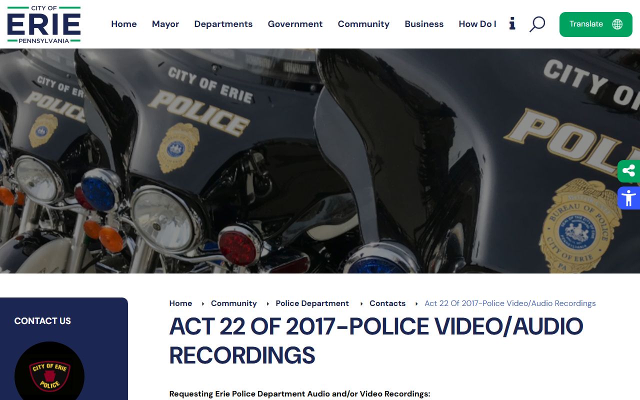 Erie Police Department Act 22 video and audio recordings request page