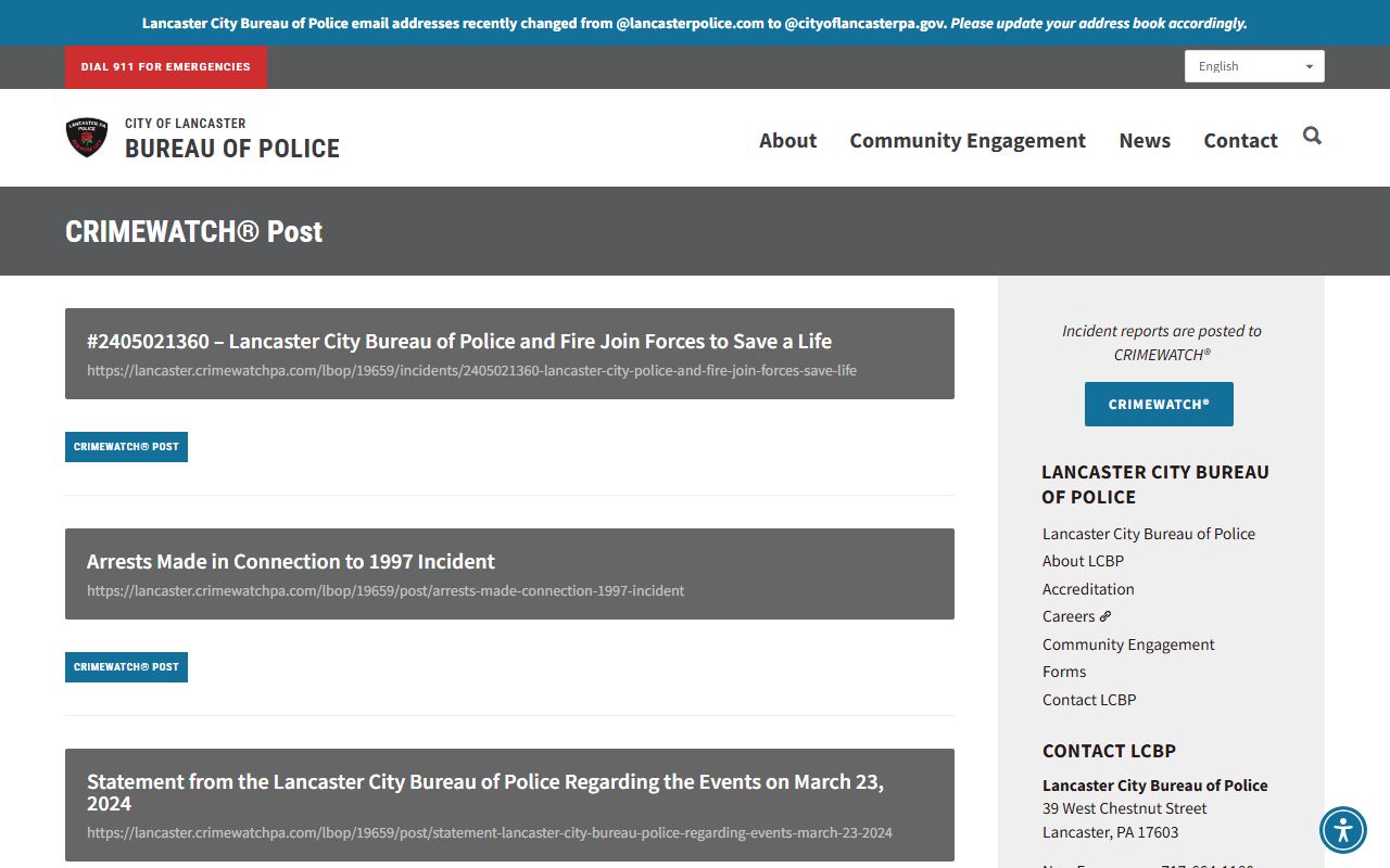 Lancaster City Police CRIMEWATCH page for recent arrests and police blotter updates