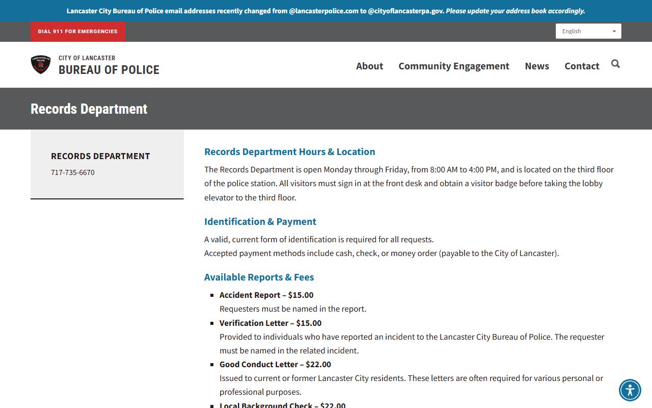 Lancaster City Police Records Department page for police blotter report requests