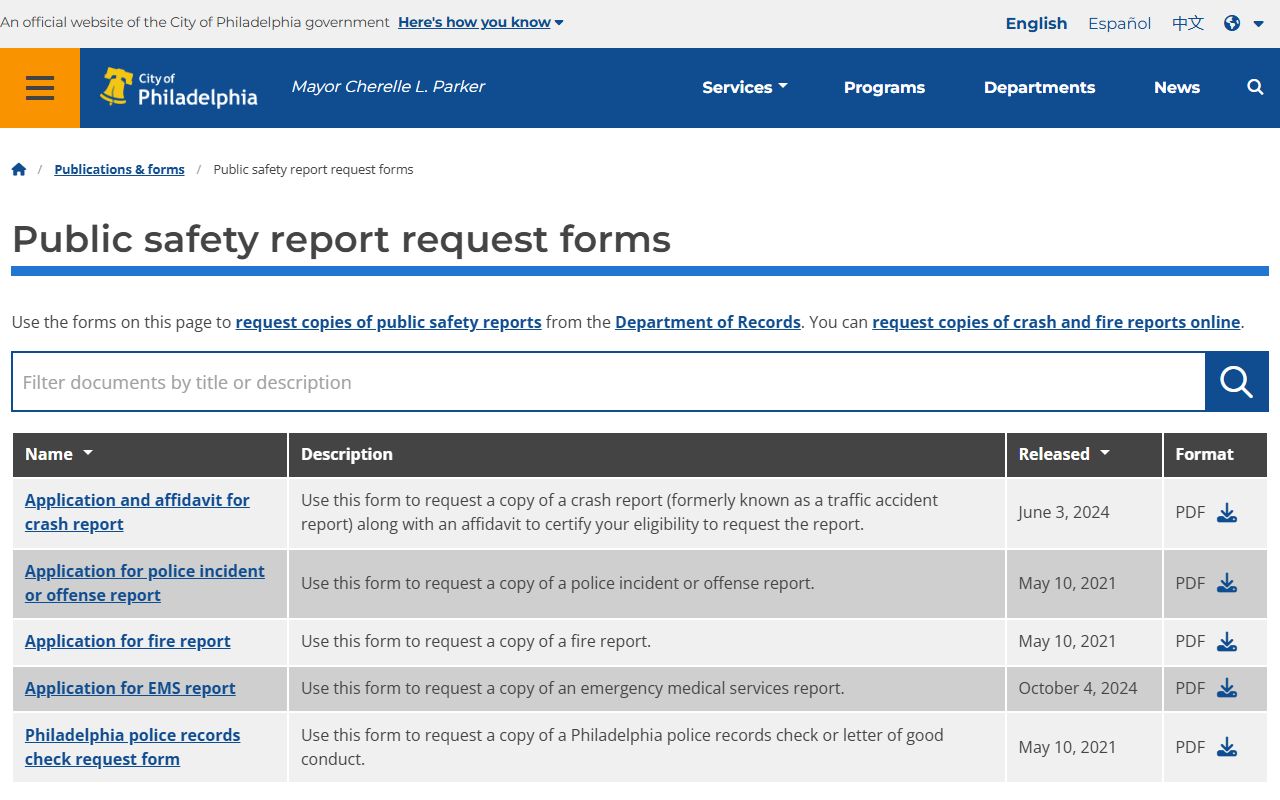 Philadelphia Police Department public safety report request forms page