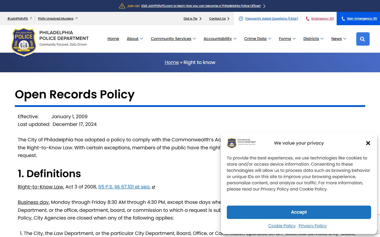 Philadelphia Police Department Right-to-Know page for police blotter records requests