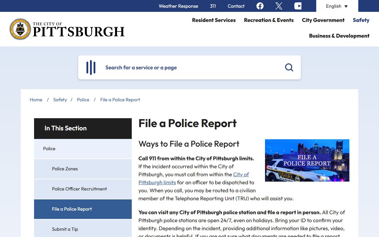 Pittsburgh Bureau of Police file a police report page for police blotter access