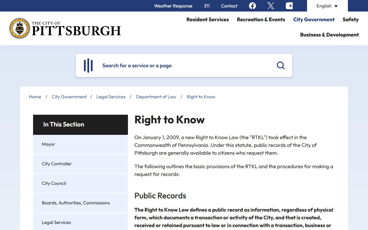 Pittsburgh Right-to-Know page for police blotter records requests