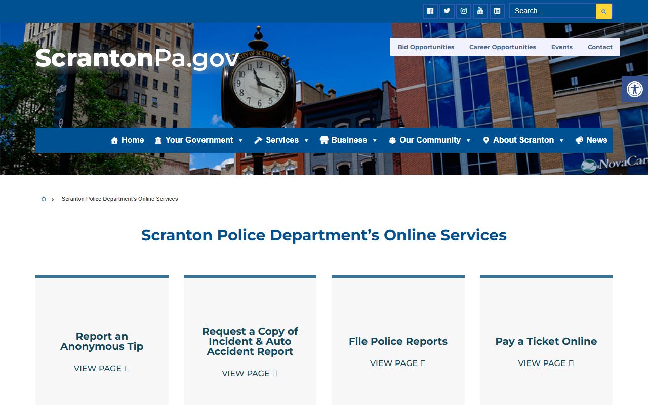 Scranton Police Department online services portal for police blotter and report requests