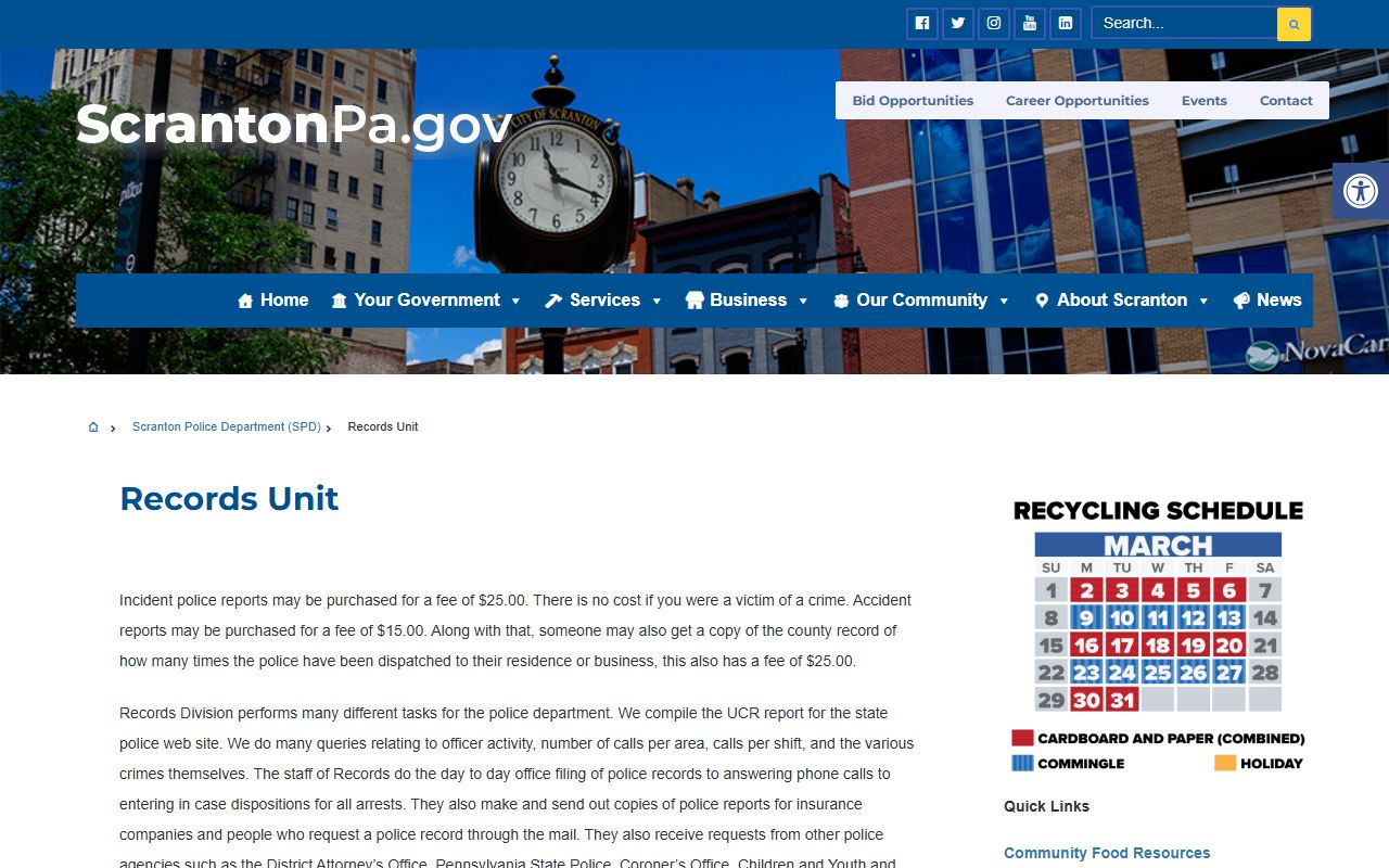 Scranton Police Department Records Unit for police blotter and incident report requests