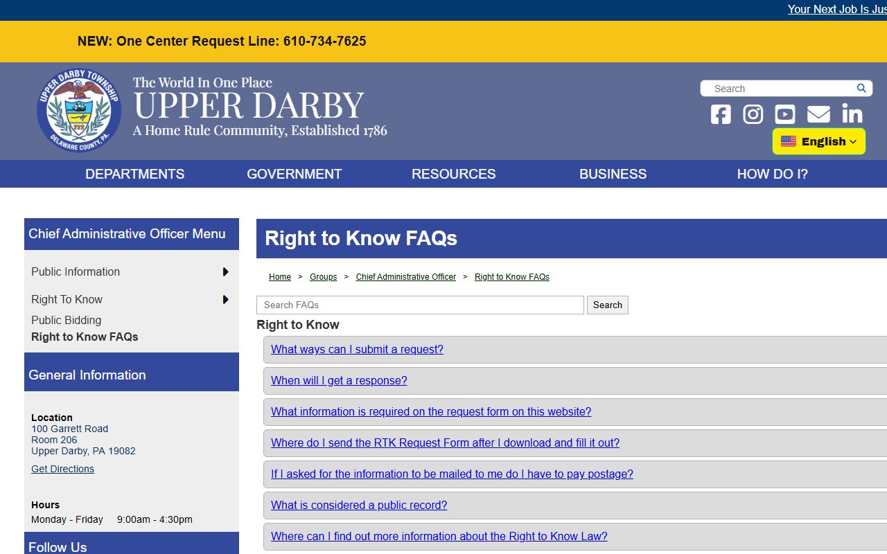Upper Darby Township Right-to-Know FAQ page for police blotter records requests