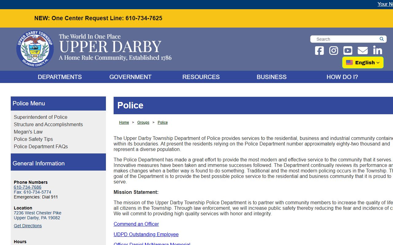Upper Darby Township municipal website police department page for records access
