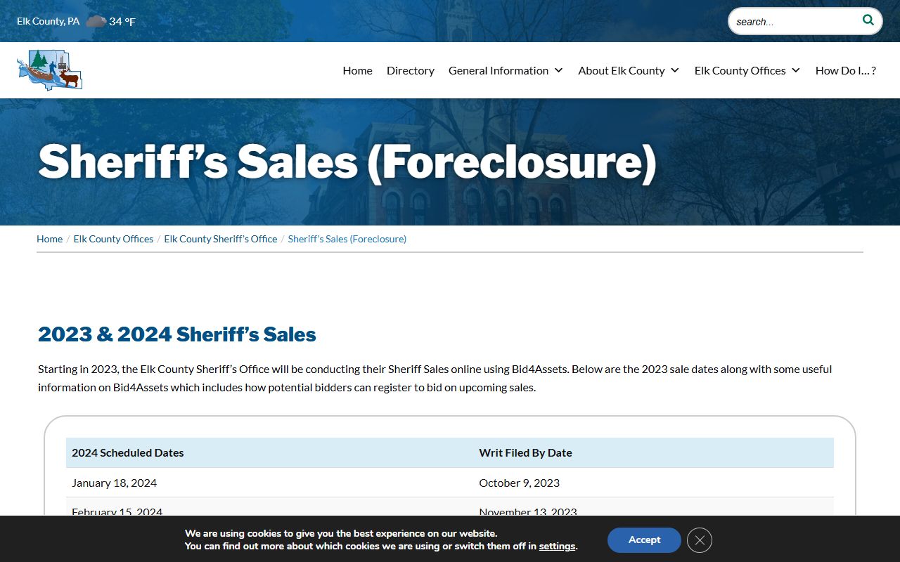 Elk County Sheriff Sales foreclosure page related to law enforcement records