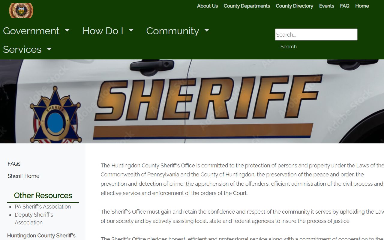 Huntingdon County Sheriff Office page for police blotter records and firearm permits