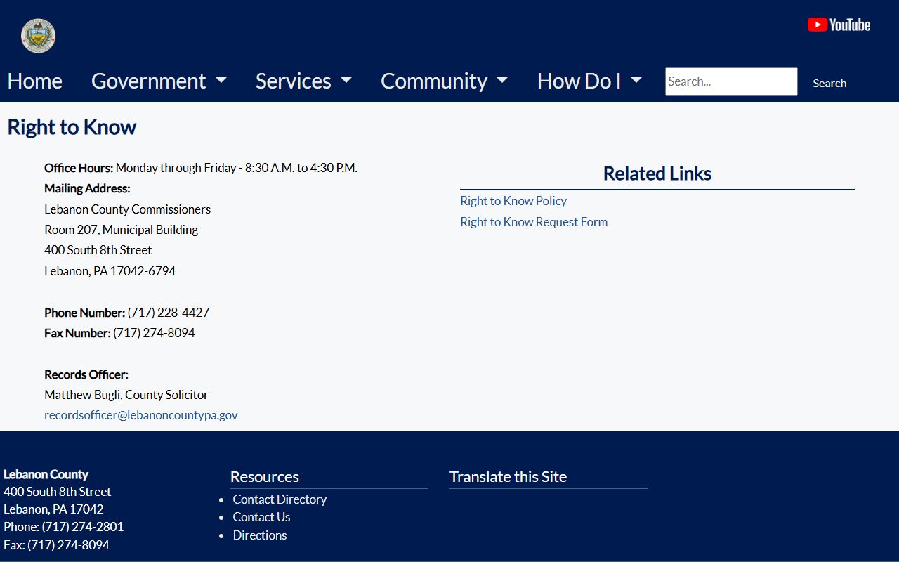 Lebanon County Right-to-Know page for police blotter records requests