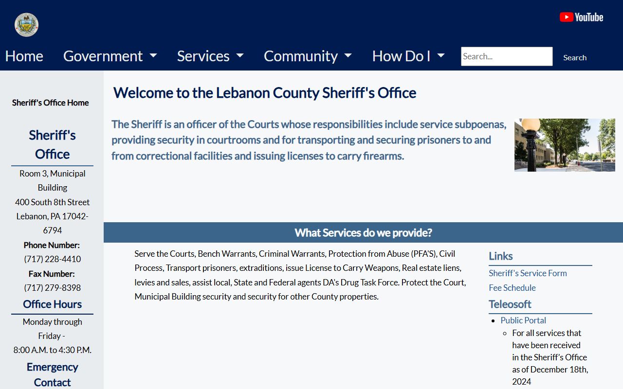 Lebanon County Sheriff Office page for police blotter and law enforcement records