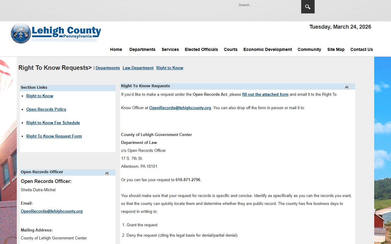 Lehigh County Right-to-Know page for police blotter and public records access