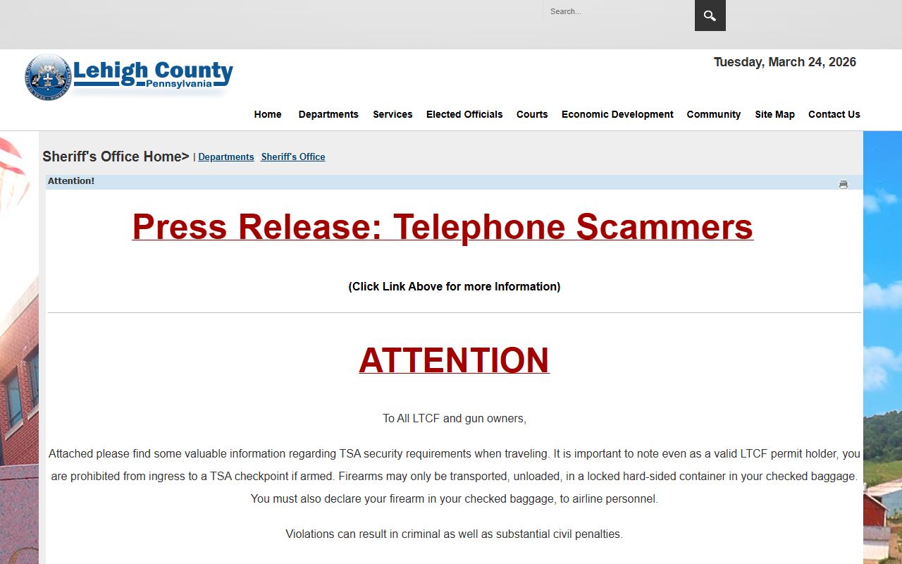 Lehigh County Sheriff Office page for police blotter records and law enforcement services