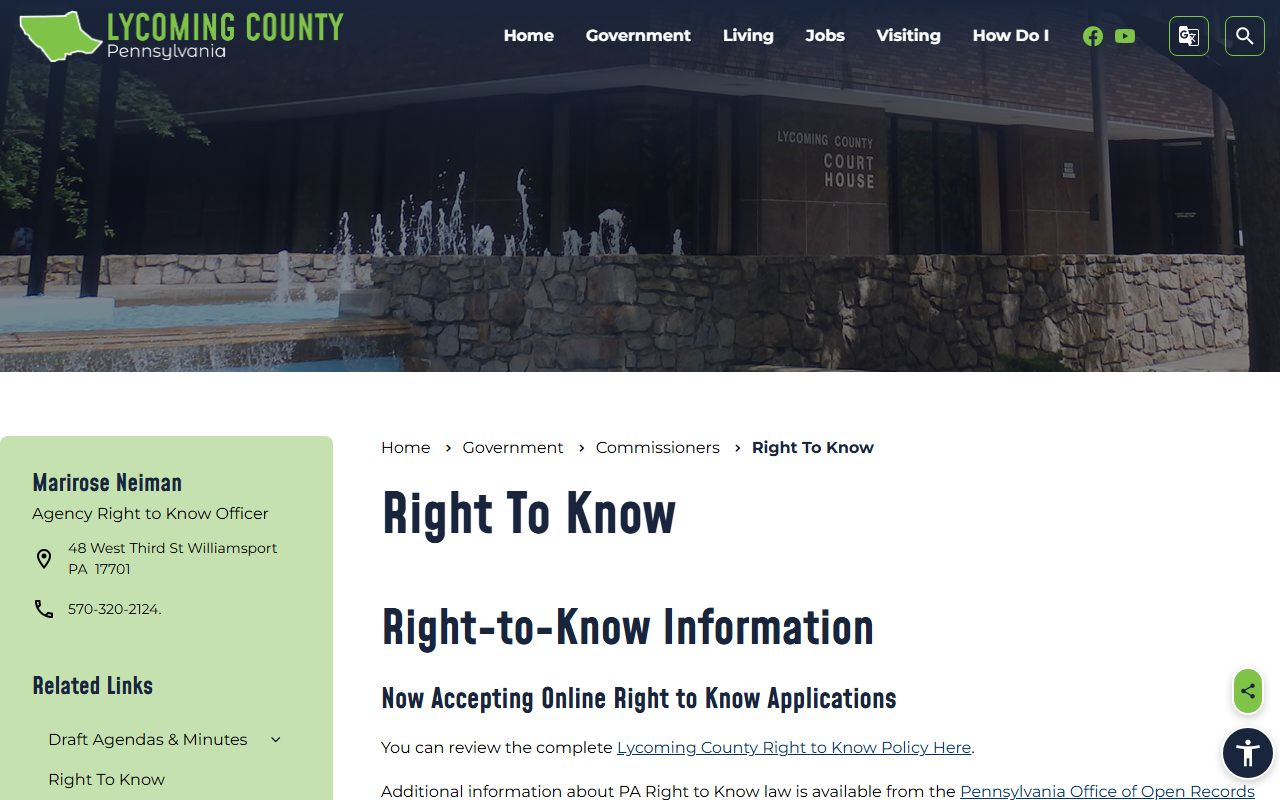 Lycoming County Right-to-Know page for police blotter records requests