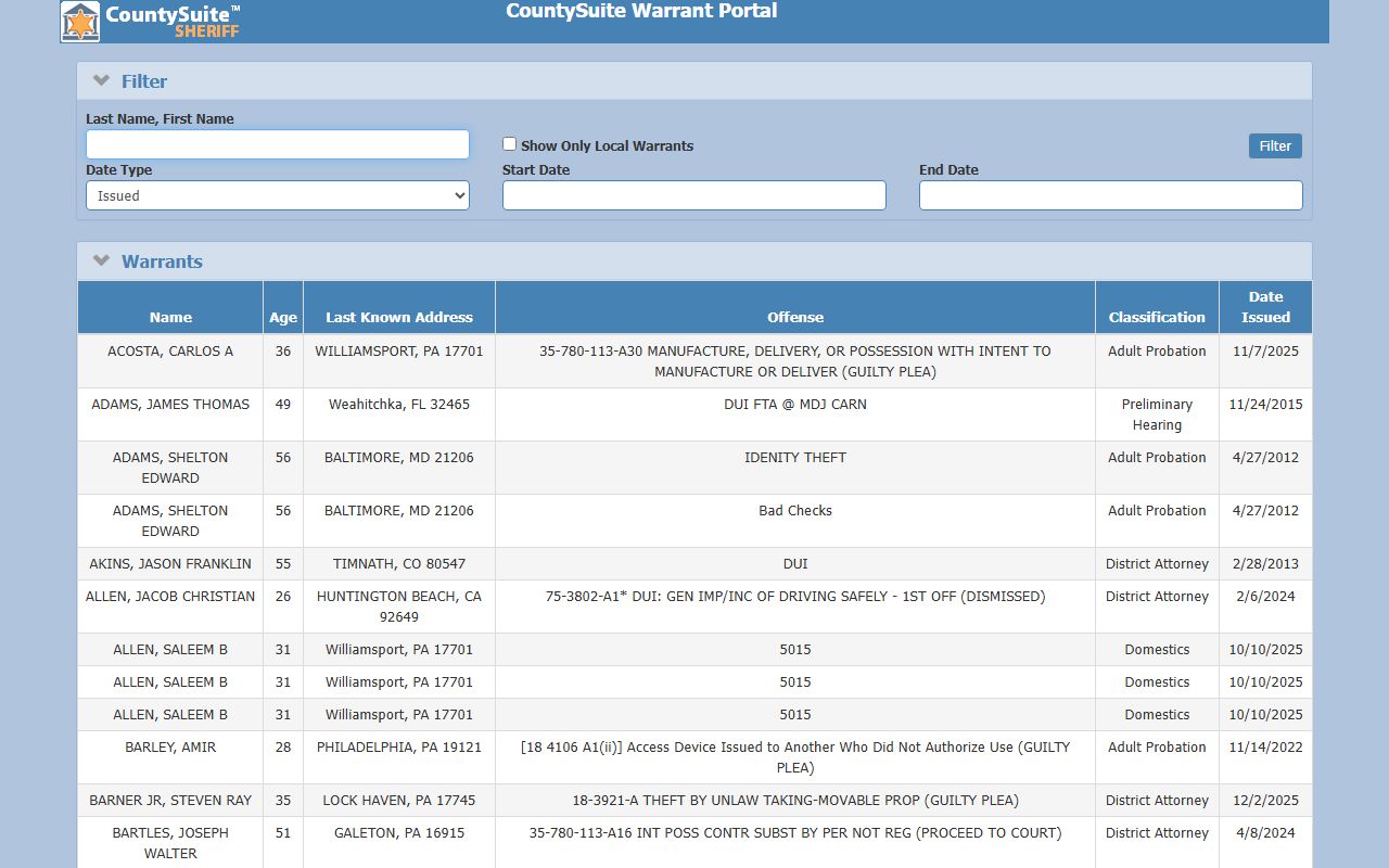 Lycoming County Warrant Portal for searching active warrants and police blotter records