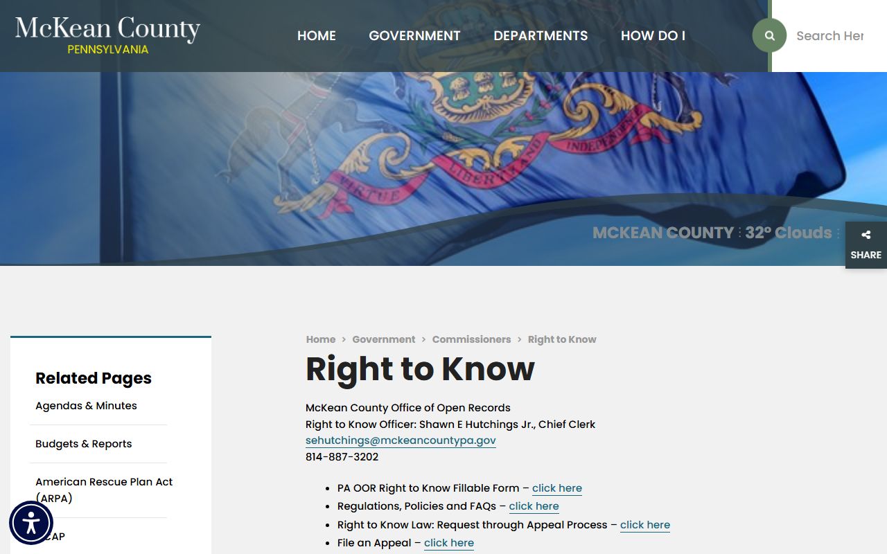 McKean County Open Records page for police blotter requests under Right-to-Know Law