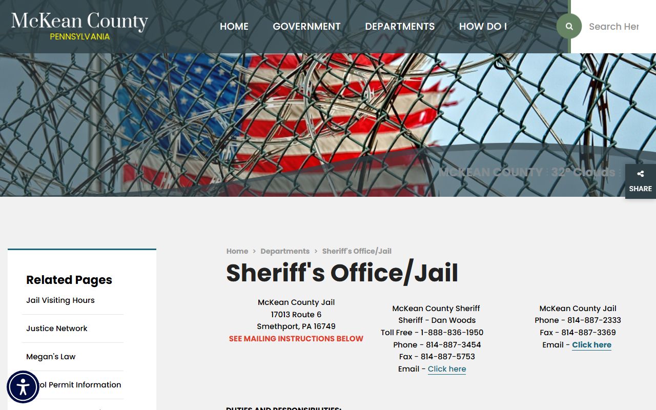 McKean County Sheriff Office page for police blotter records and law enforcement services