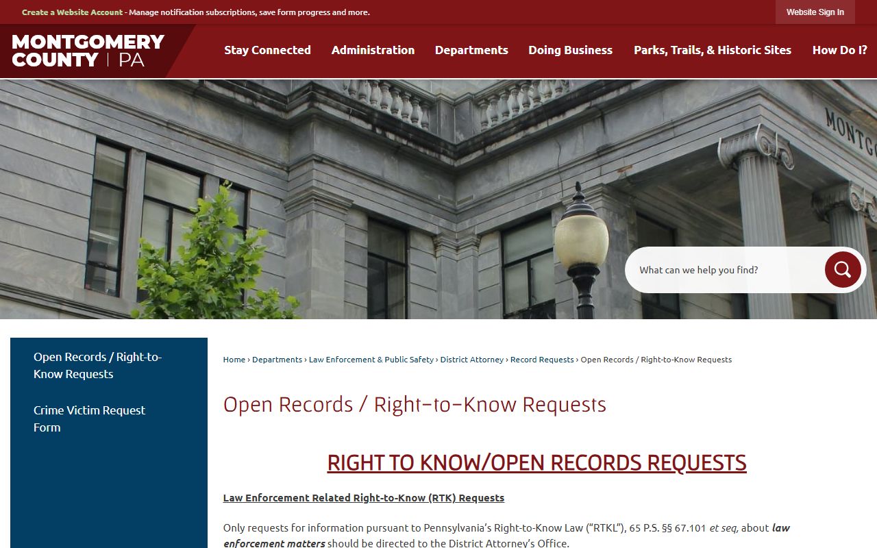 Montgomery County Open Records page for police blotter RTK requests