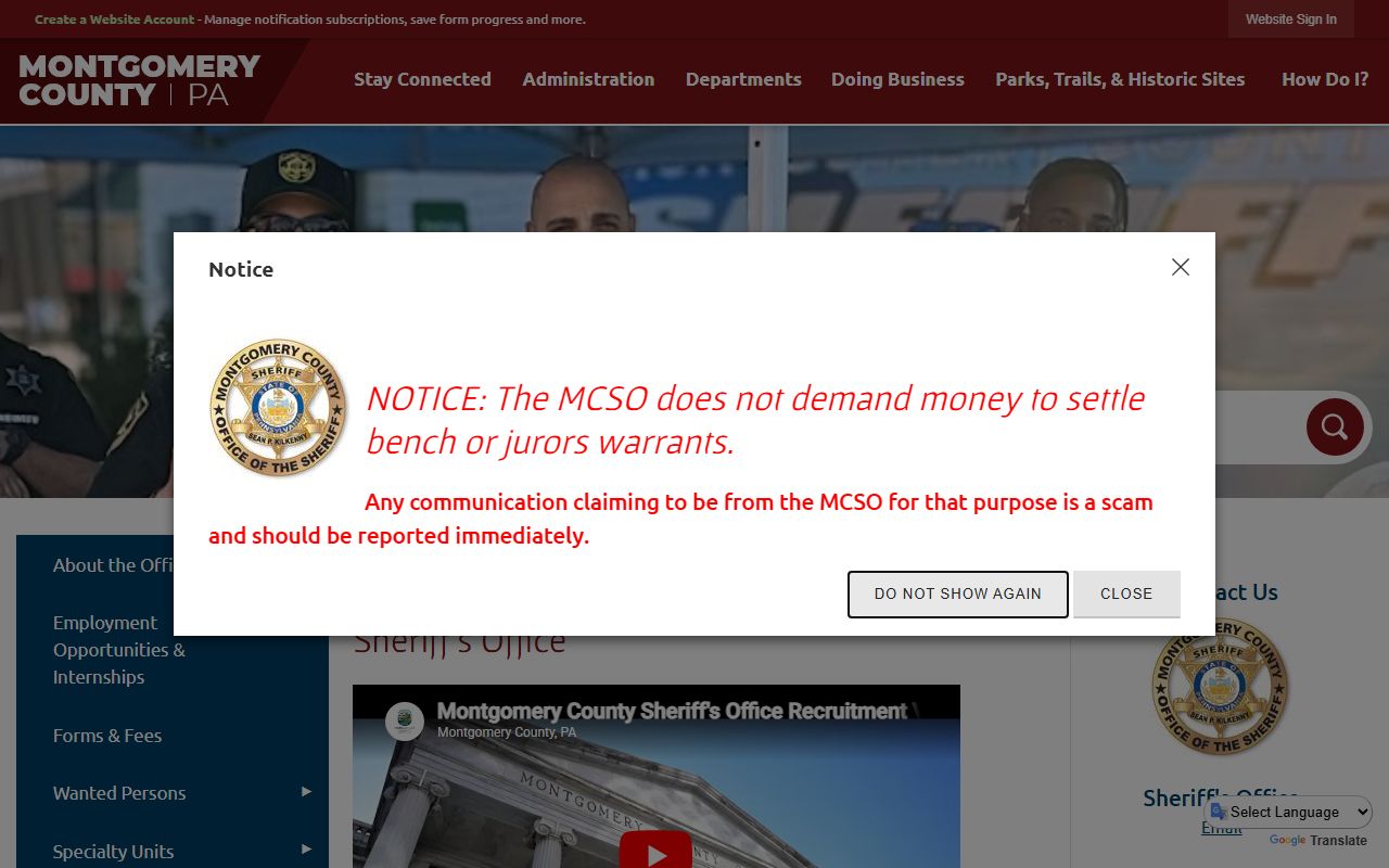 Montgomery County Sheriff Office page for police blotter records and law enforcement services