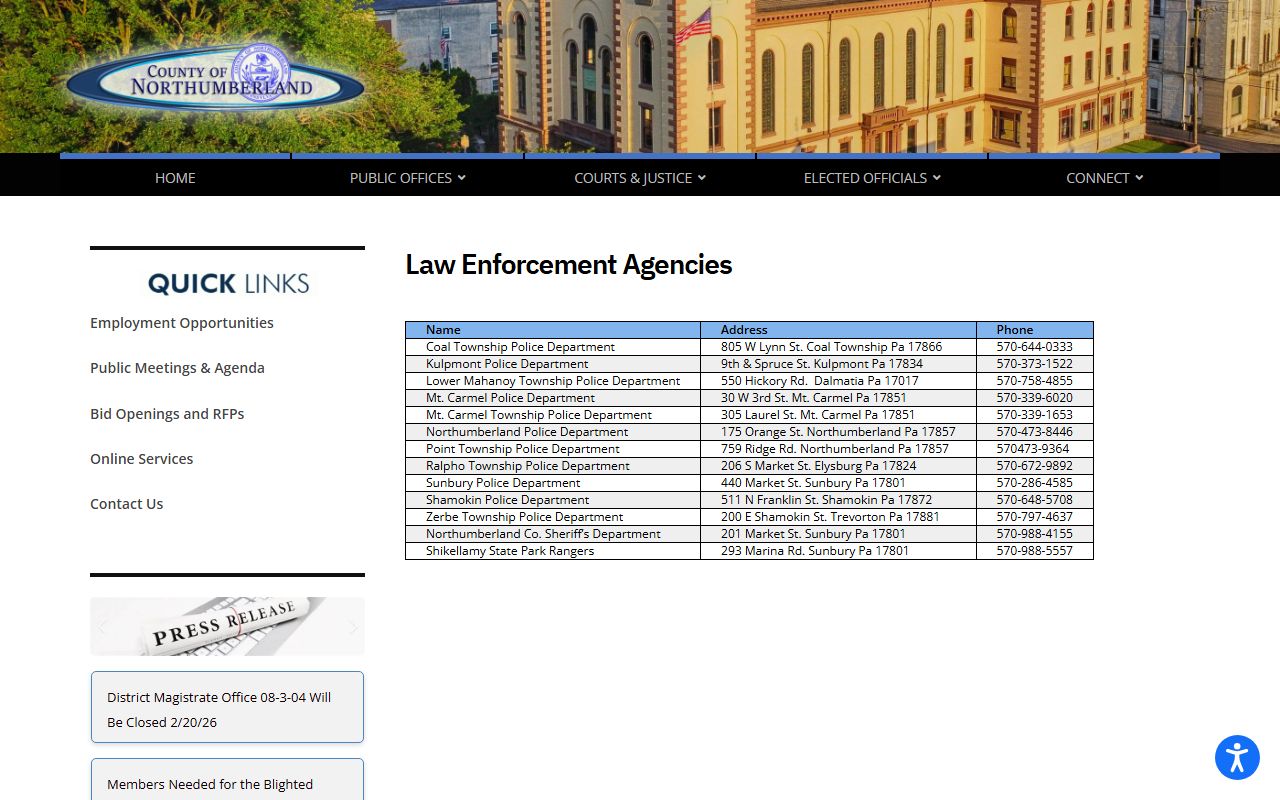 Northumberland County dispatched agencies list for police blotter and law enforcement records