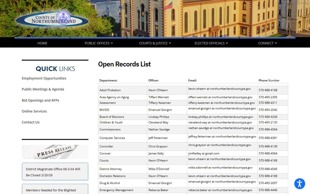 Northumberland County Open Records list for police blotter requests