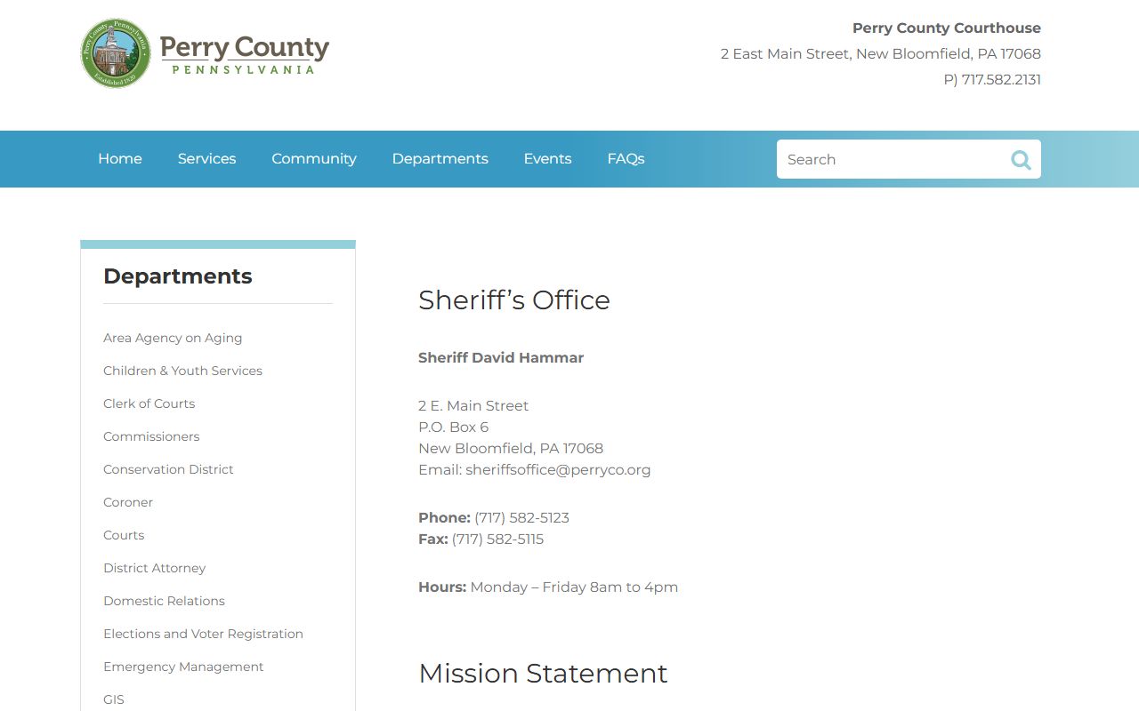 Perry County Sheriff Office page for police blotter records and firearm licenses