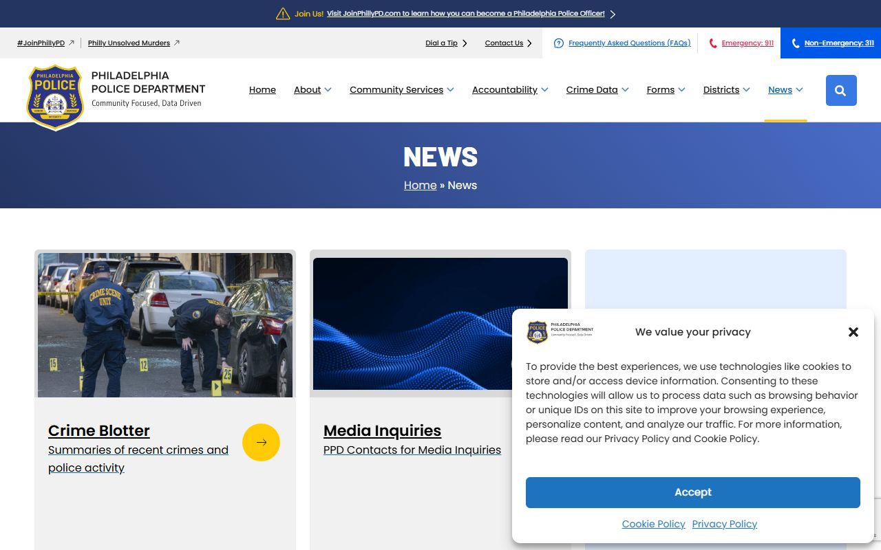 Philadelphia Police Department crime blotter page with recent incidents and arrests