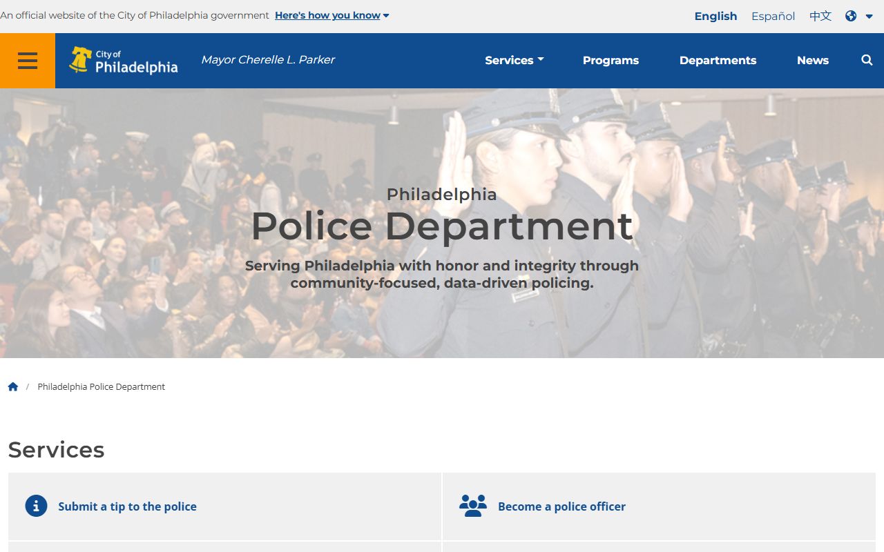 Philadelphia Police Department homepage for police blotter and incident records