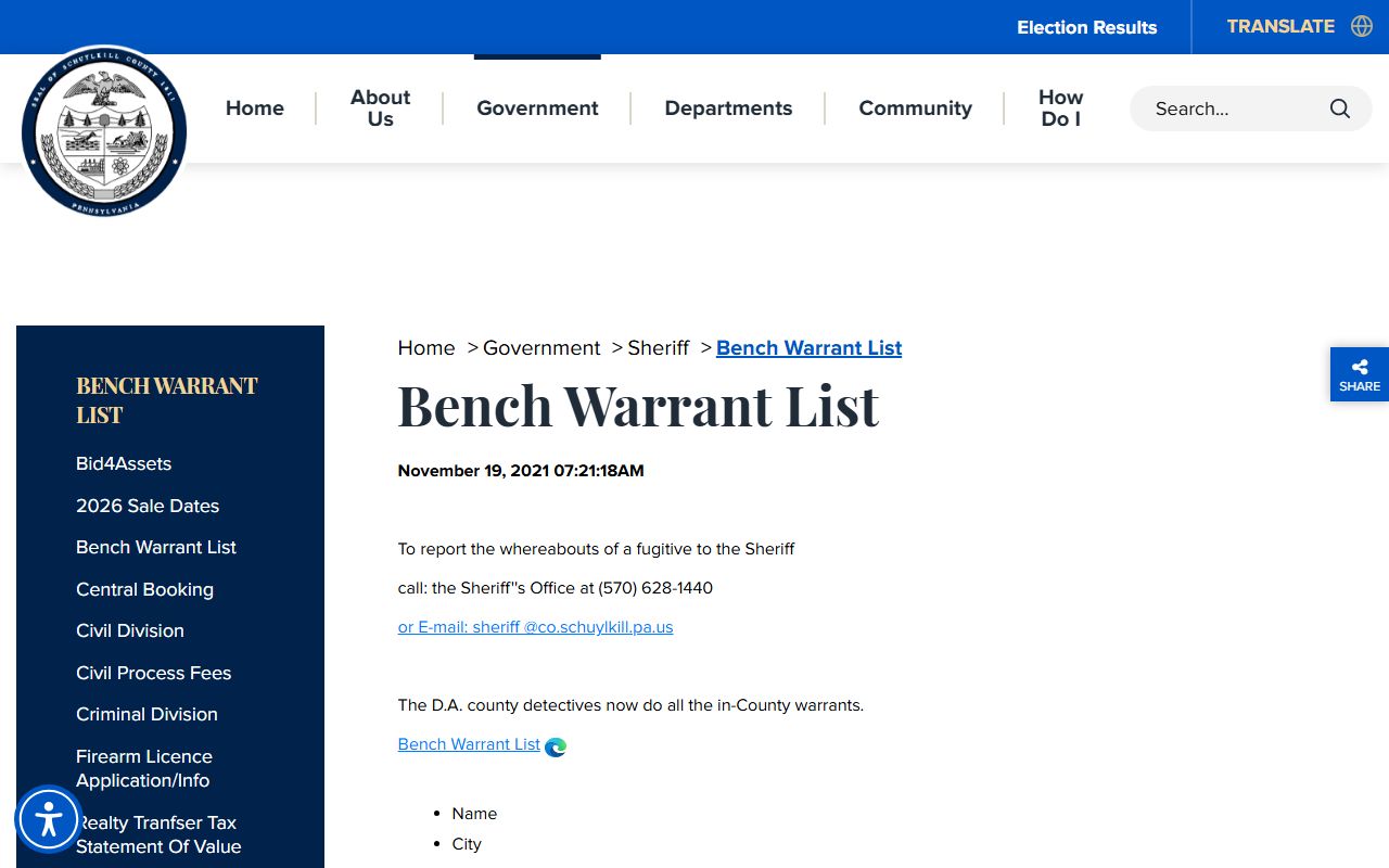 Schuylkill County bench warrant list publicly accessible from the Sheriff's Office