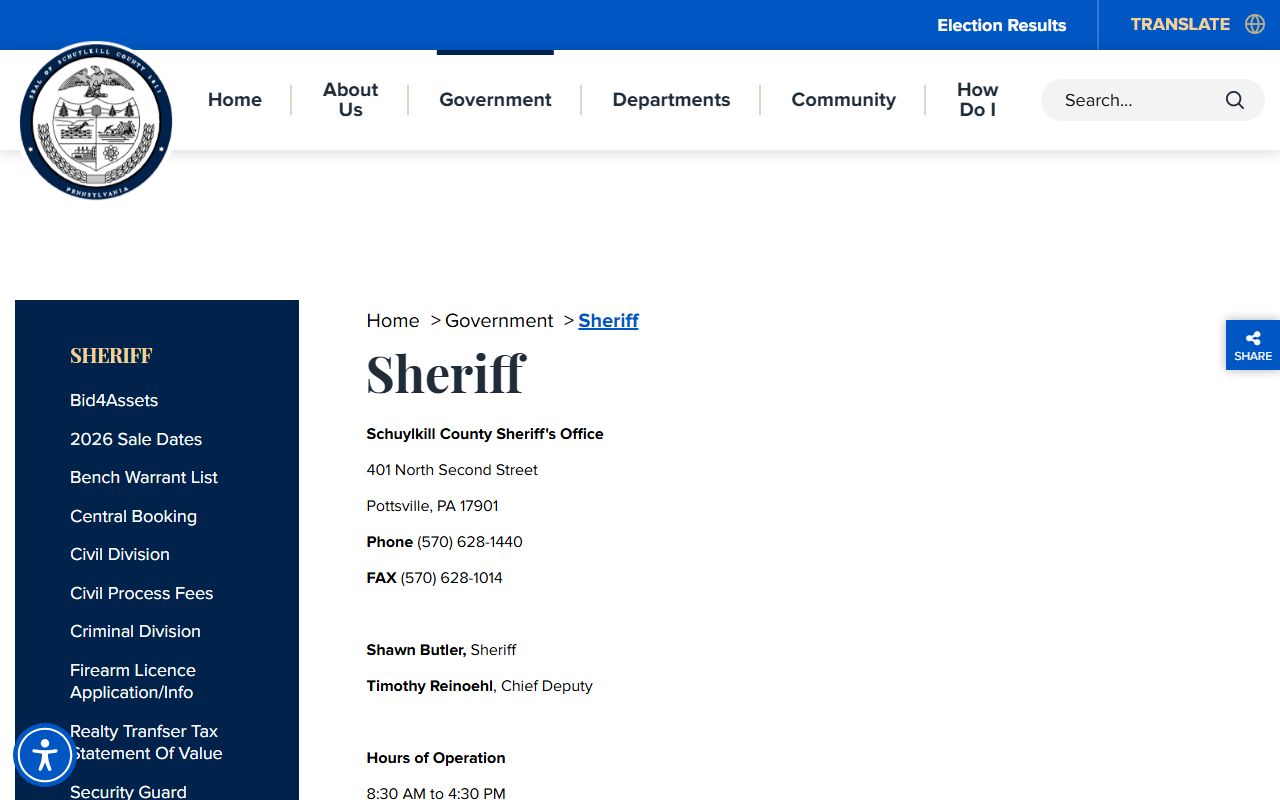 Schuylkill County Sheriff Office page for police blotter records and bench warrants