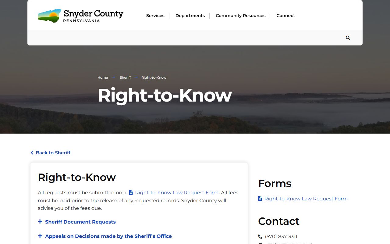 Snyder County Sheriff Right-to-Know page for police blotter and public records requests