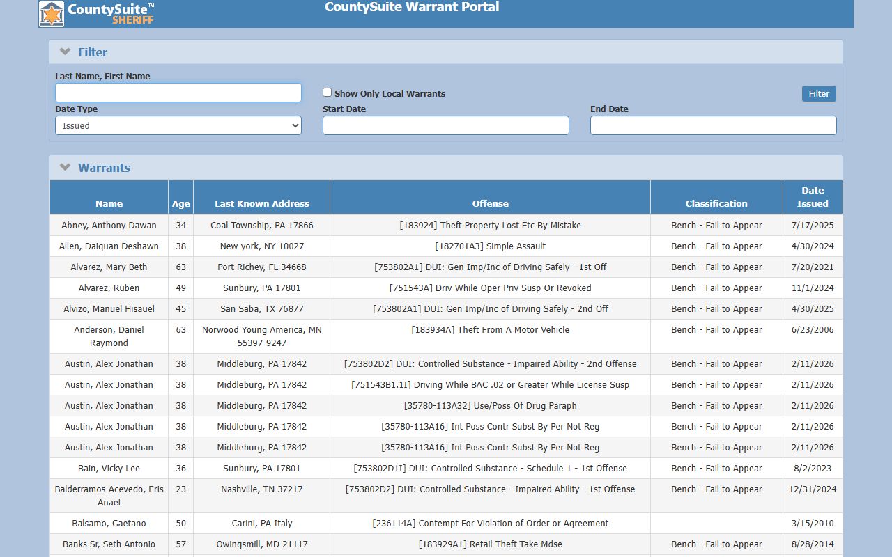 Snyder County online warrant portal for searching active warrants