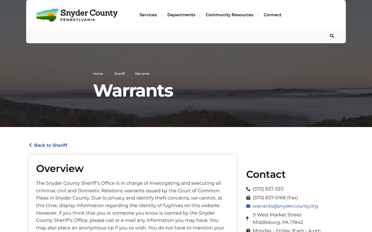 Snyder County warrants page for criminal, civil, and domestic relations warrants
