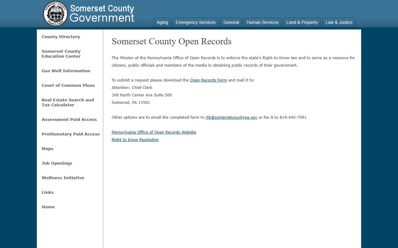 Somerset County District Attorney office page for criminal investigative records appeals