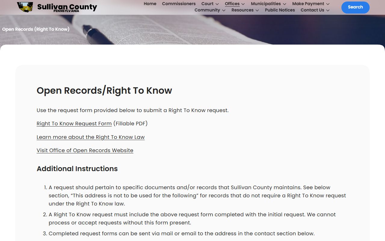 Sullivan County Right-to-Know page for police blotter records requests