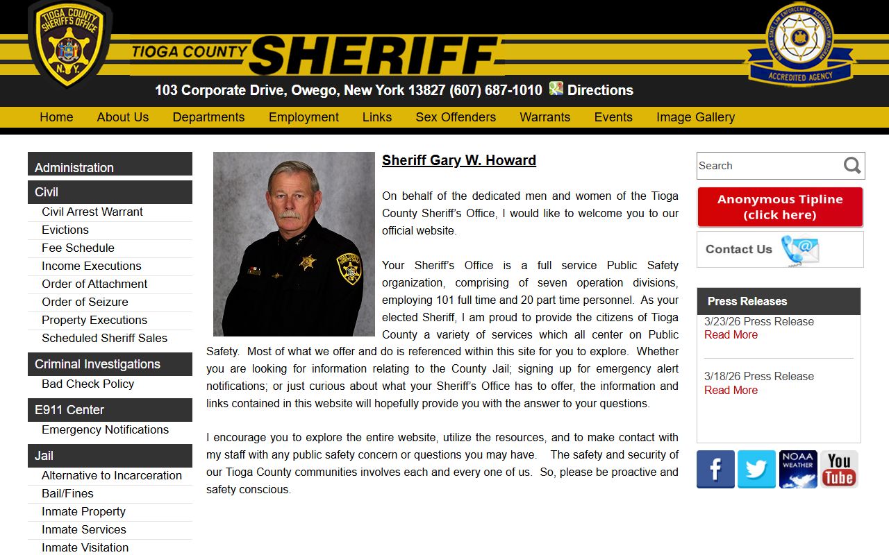 Tioga County Sheriff Office website for police blotter records and emergency alerts