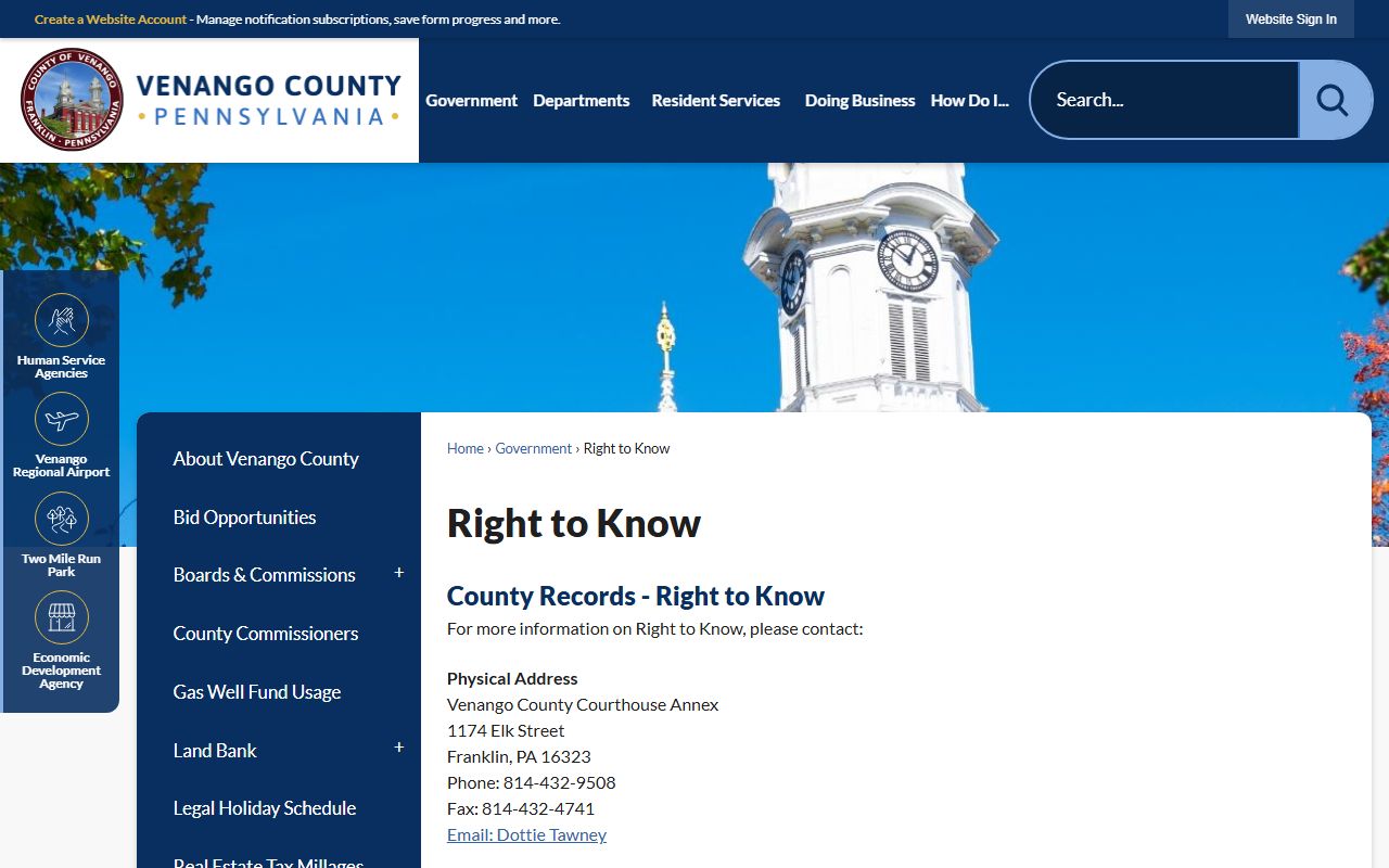 Venango County Right-to-Know page for police blotter records requests
