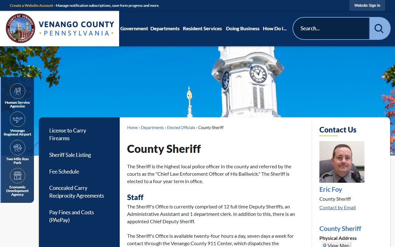 Venango County Sheriff Office page for police blotter and law enforcement records