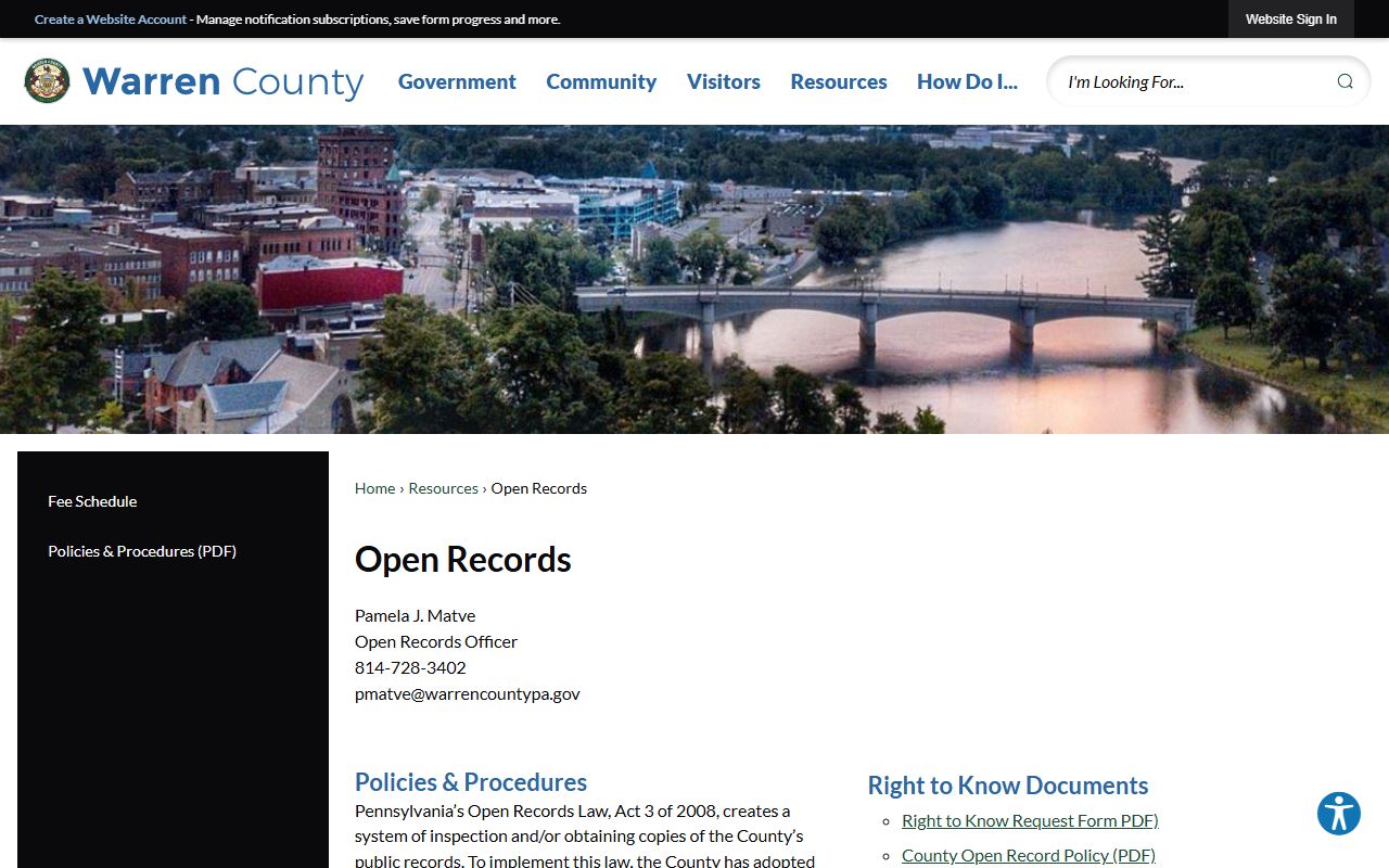 Warren County Open Records page for police blotter requests under Right-to-Know Law