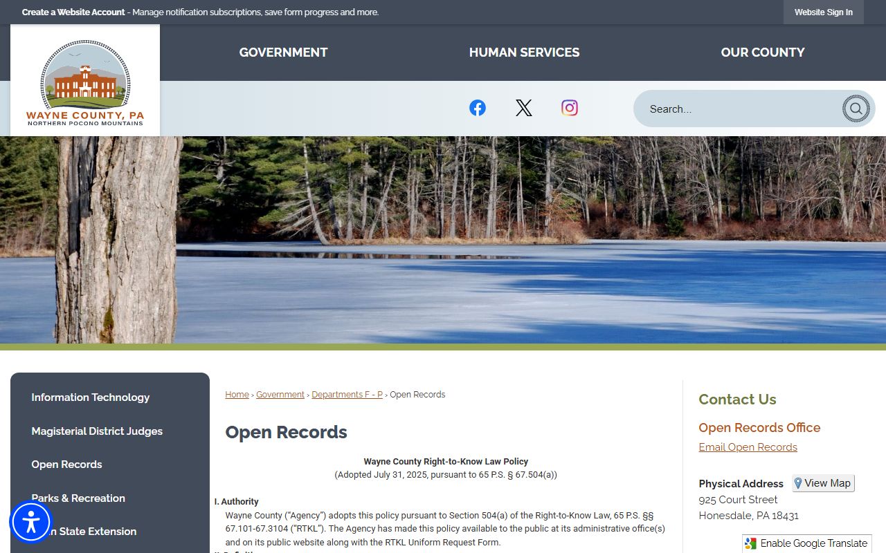Wayne County Open Records page for police blotter requests under Right-to-Know Law