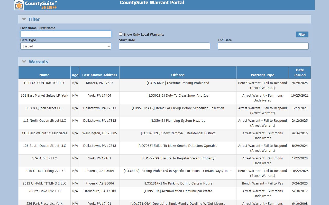 York County searchable warrant database from Sheriff's Office