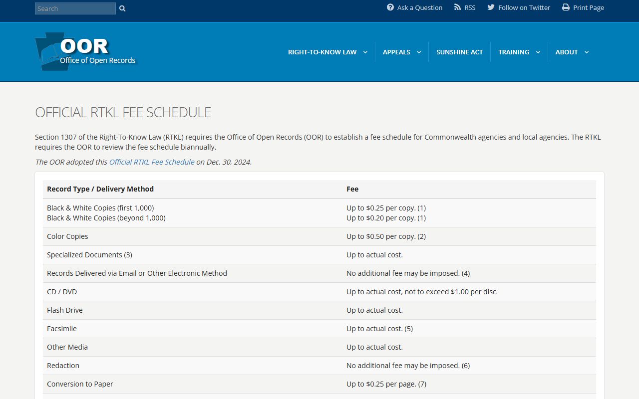Pennsylvania Office of Open Records fee structure for police blotter requests