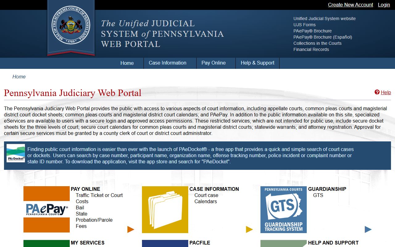 Pennsylvania Unified Judicial System portal for police blotter case search